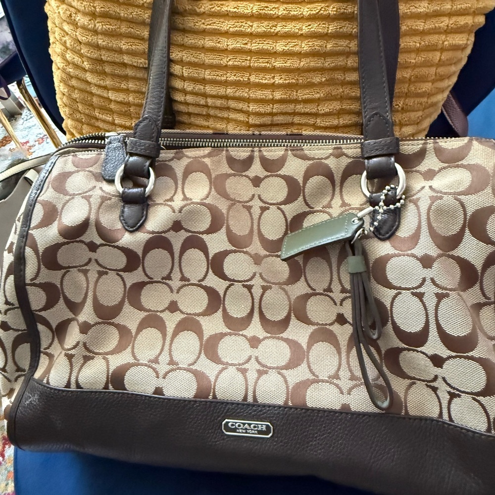 Coach Signature Canvas Tote in Brown and Tan triple zipper 13x9 in or 30x24 cm